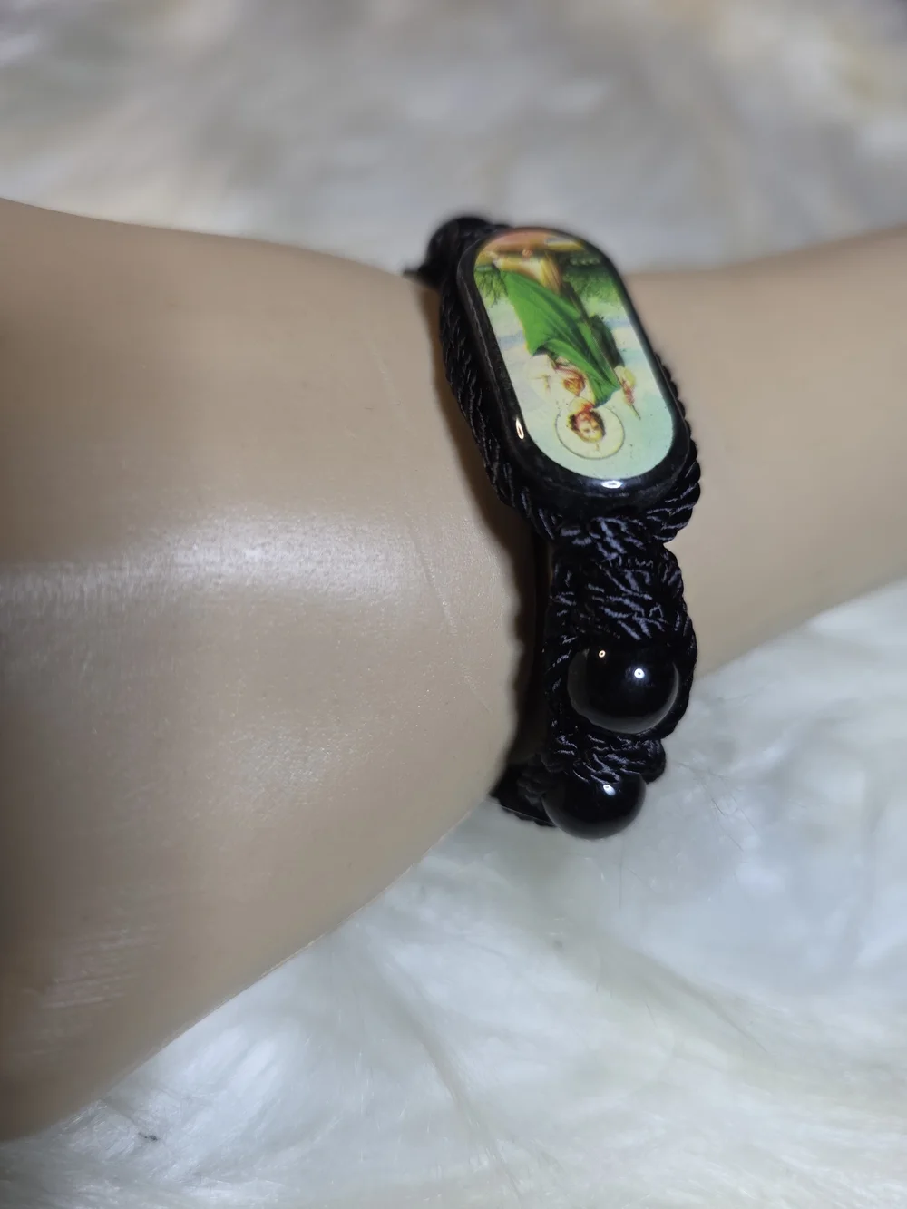 Black Cord Religious Bracelet with Green Saint Image